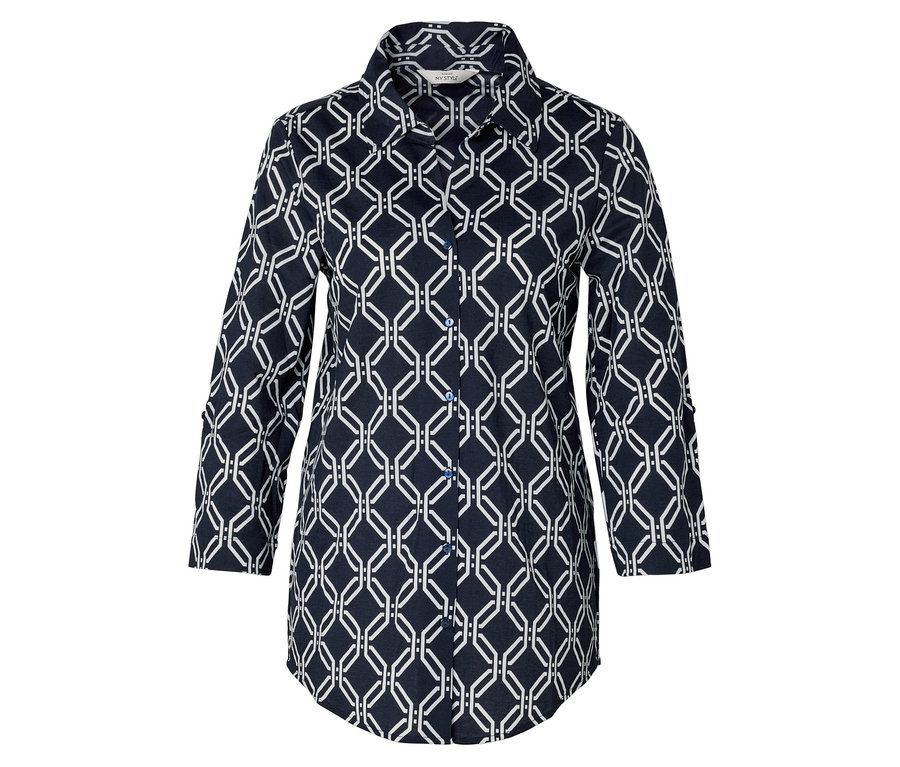 Bluzka z dżerseju piqué, granatowo-biały nadruk na całej powierzchni.