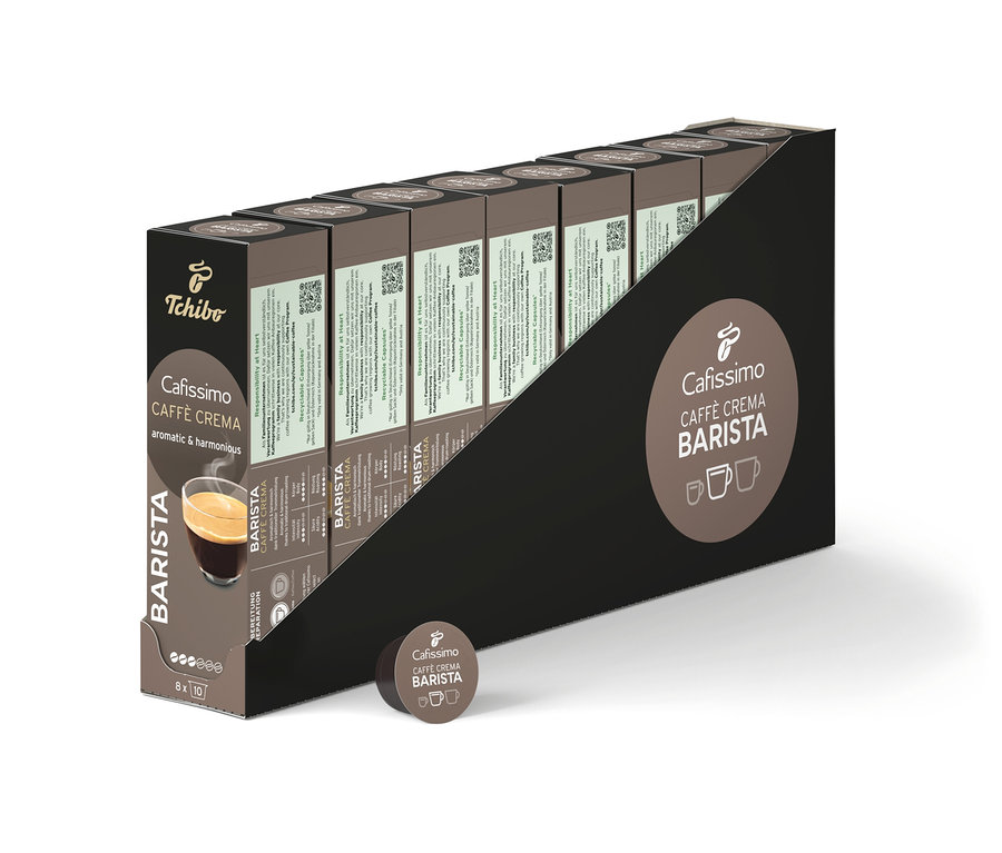 Rząd opakowań kapsułek do kawy Cafissimo BARISTA Caffè Crema.
