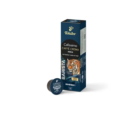 Ciemnoniebieskie opakowanie Cafissimo BARISTA Caffè Crema India z 10 kapsułkami, ozdobione głową tygrysa, oraz jedna kapsułka z przodu.