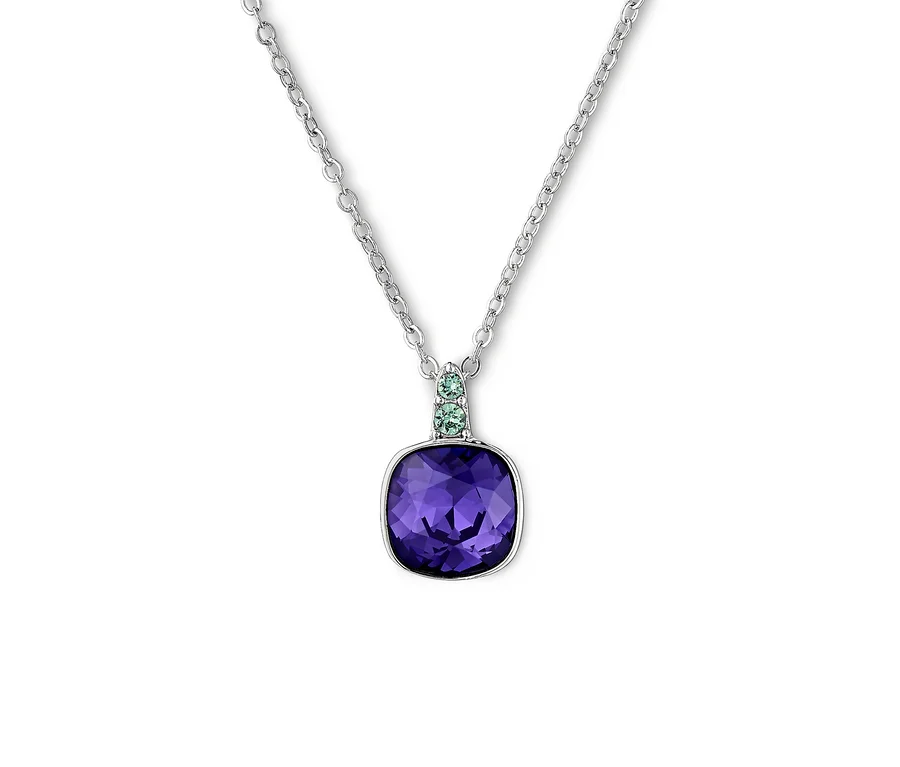 Srebrny naszyjnik zdobiony kryształami Swarovski® z fioletowymi i zielonymi kamieniami.