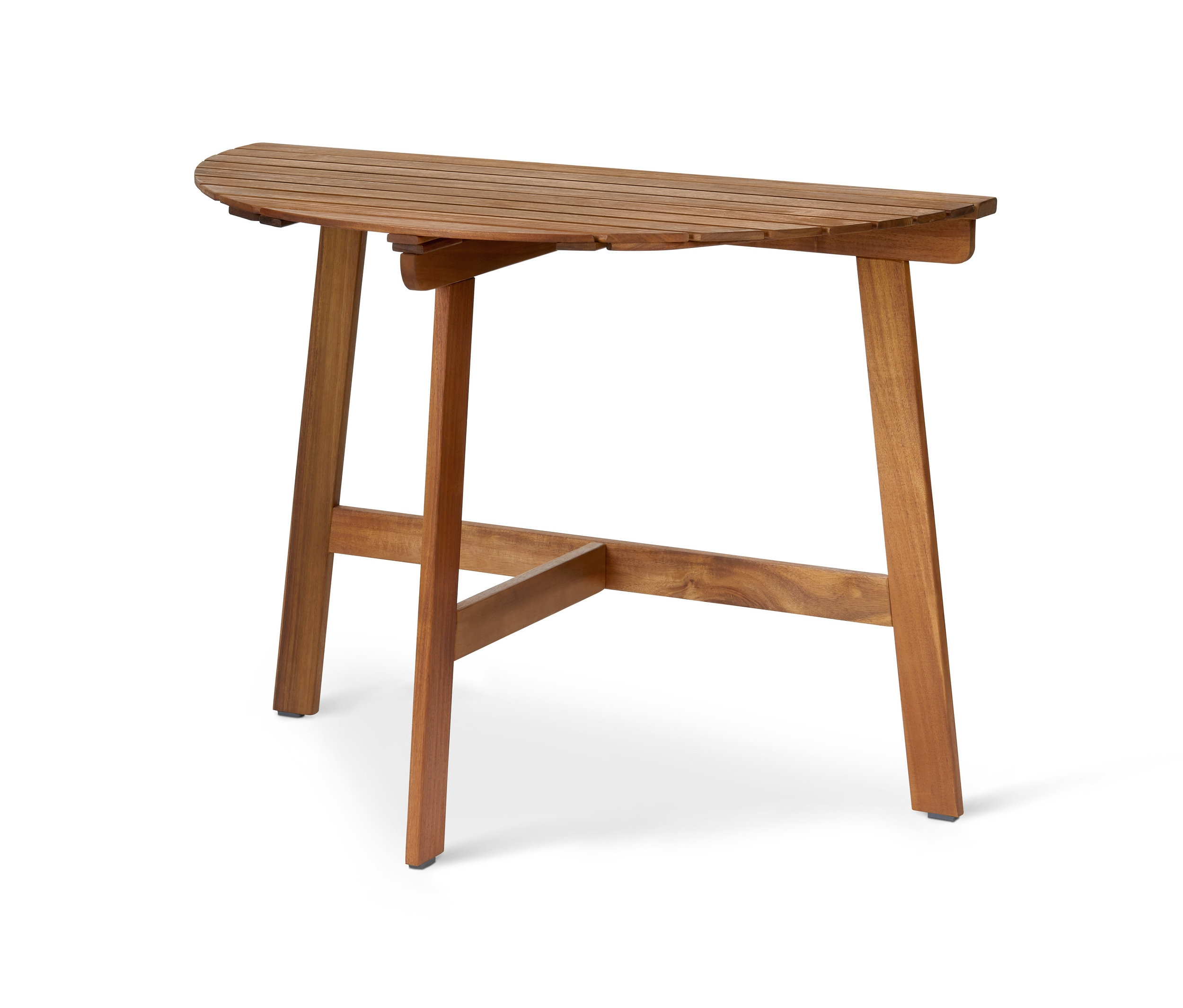 Składany stół na balkon z drewna akacjowego z blatem listwowym i czterema nogami.