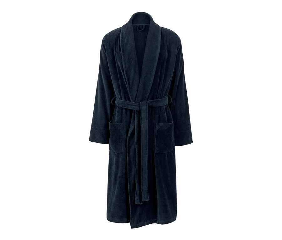 Granatowy męski bawełniany szlafrok z szalowym kołnierzem, kieszeniami i paskiem.