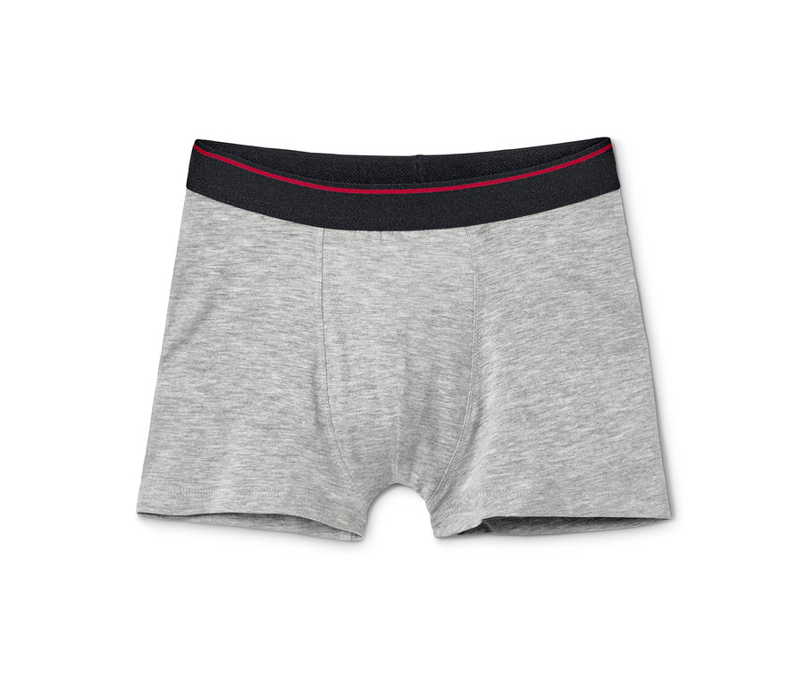 Szare bokserki chłopięce, 3 pary, z czarnym pasem z czerwonym paskiem.