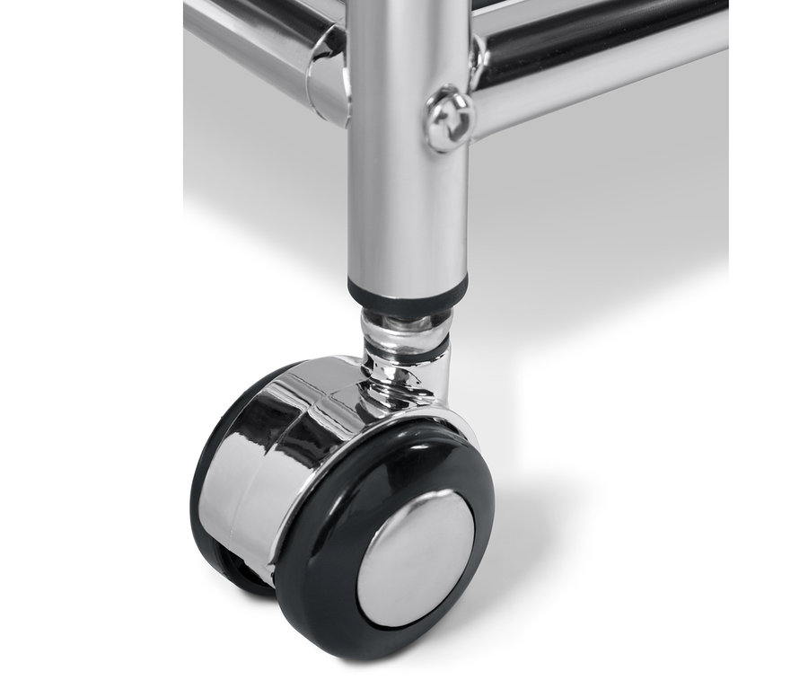 Szczegół szarego metalowego stolika »CN3« z szufladą, z naciskiem na kółko.