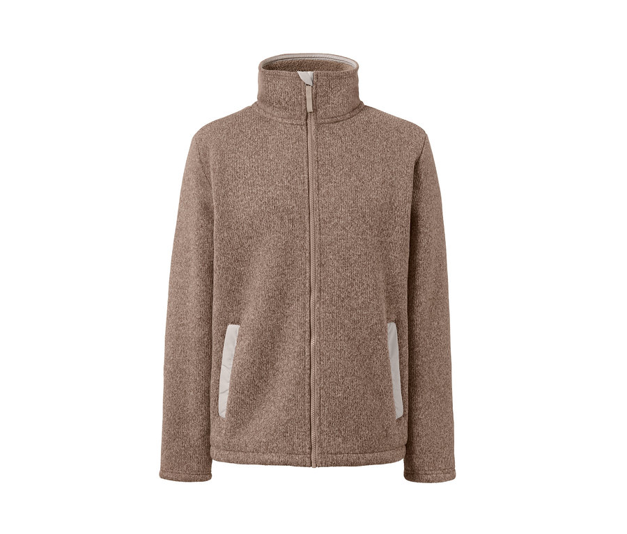 Brązowa bluza z dzianiny polarowej zapinana na zamek błyskawiczny pośrodku.