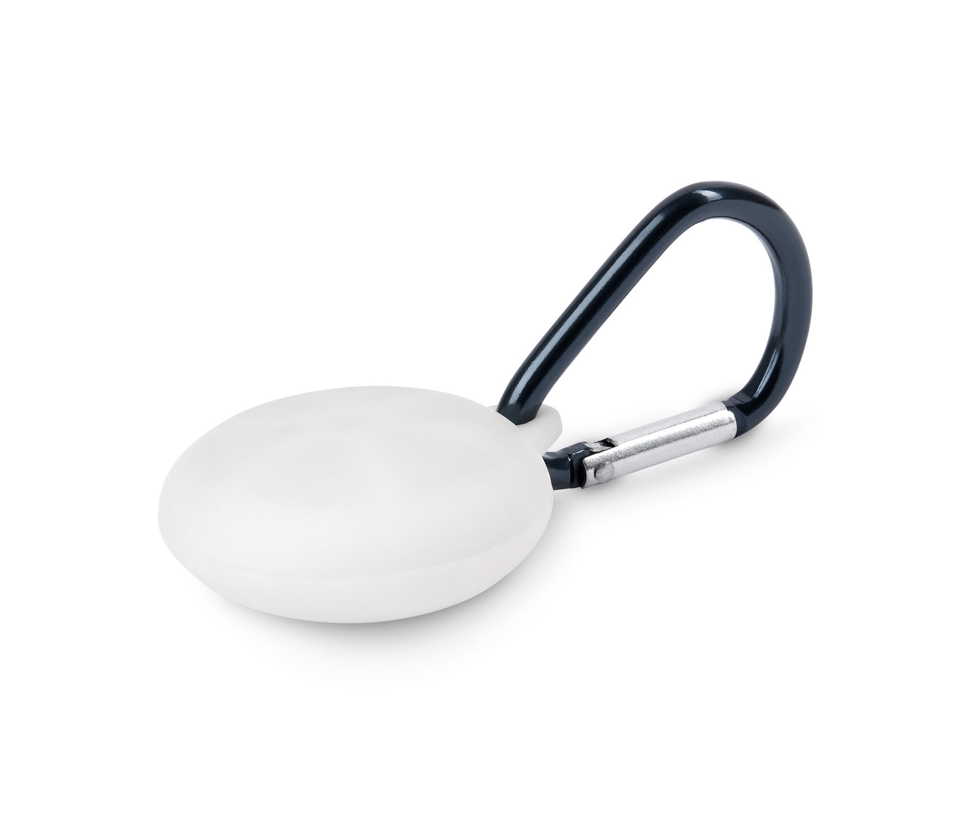 Biała zawieszka LED na obrożę dla psa z czarnym karabińczykiem.