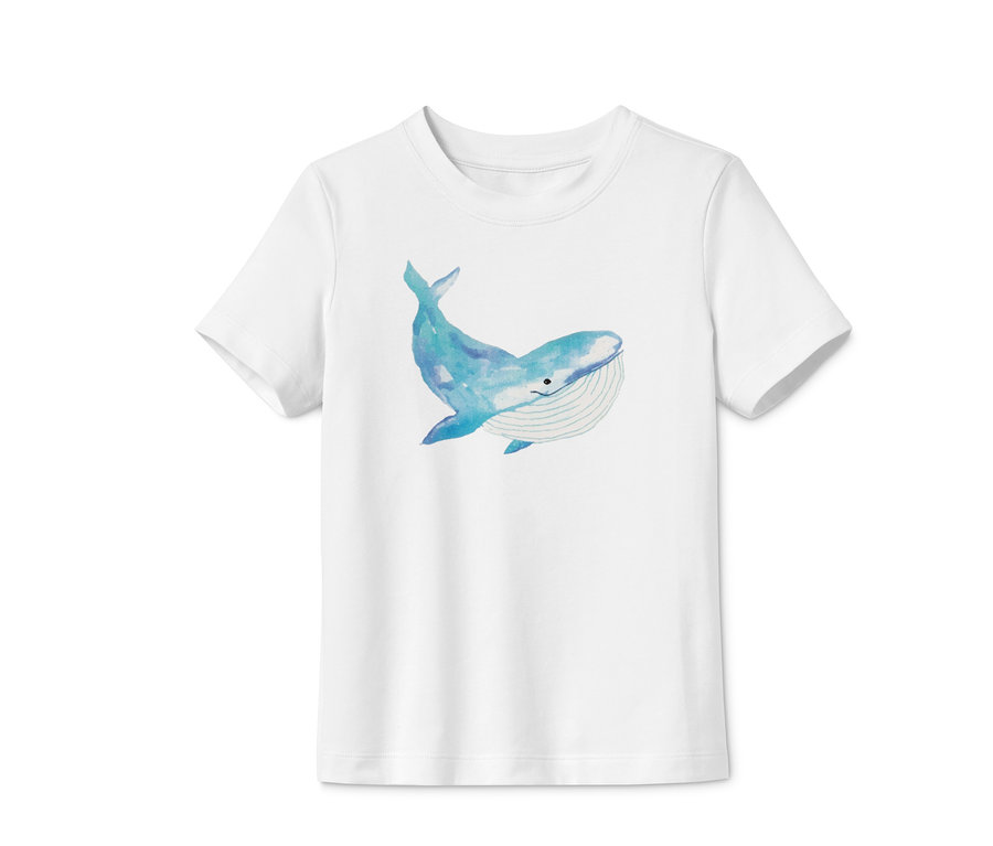 Biała koszulka bawełniana z niebieskim wielorybem.