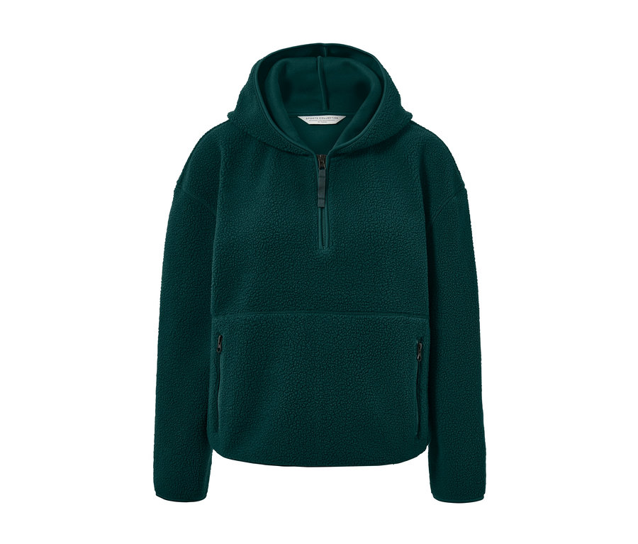Ciemnozielona bluza z kapturem z pluszu z zamkiem błyskawicznym i kieszeniami.