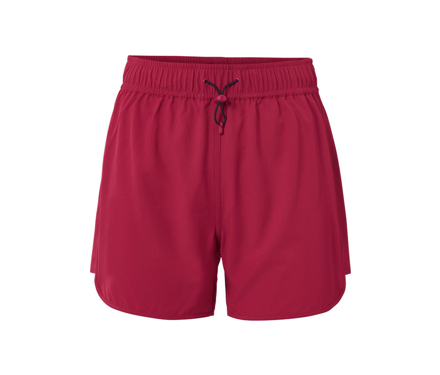 Szorty kąpielowe w kolorze malinowym z elastycznym pasem i sznurkiem.