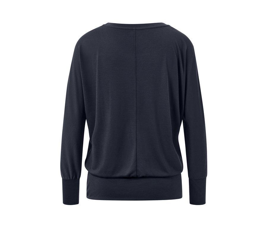 Widok z tyłu granatowej koszulki do sportu i jogi z długimi rękawami.