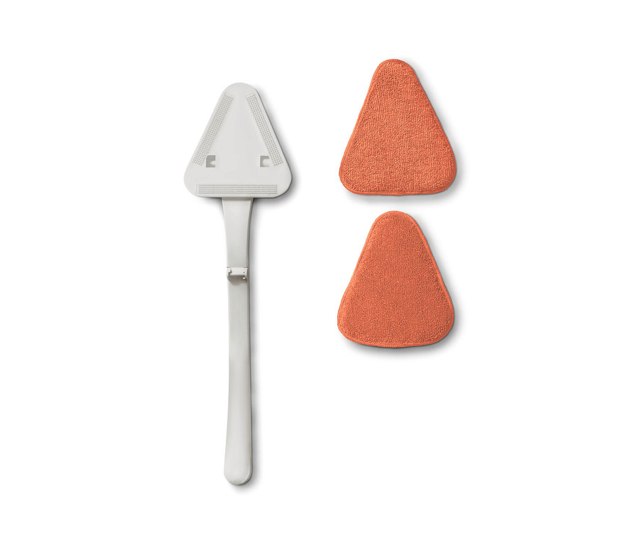 Biały czyścik do szyb samochodowych z dwoma pomarańczowymi, trójkątnymi nakładkami.