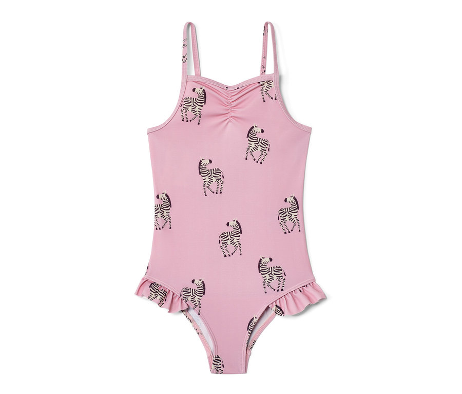 Różowy kostium kąpielowy z falbankami i nadrukiem zebry.