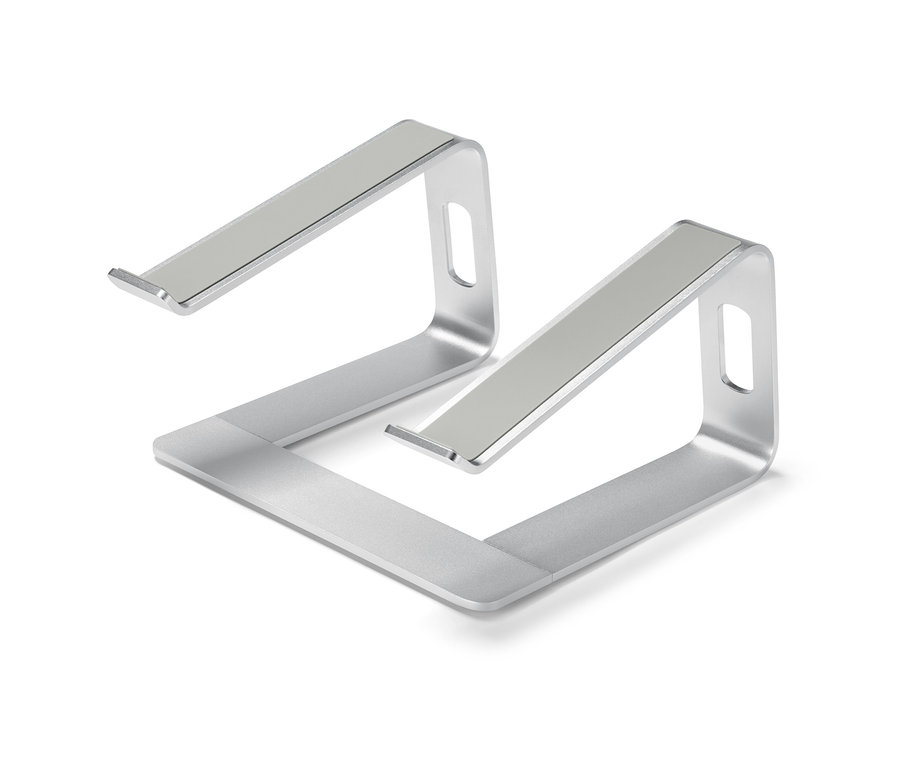 Dwa srebrne stojaki na laptopa.