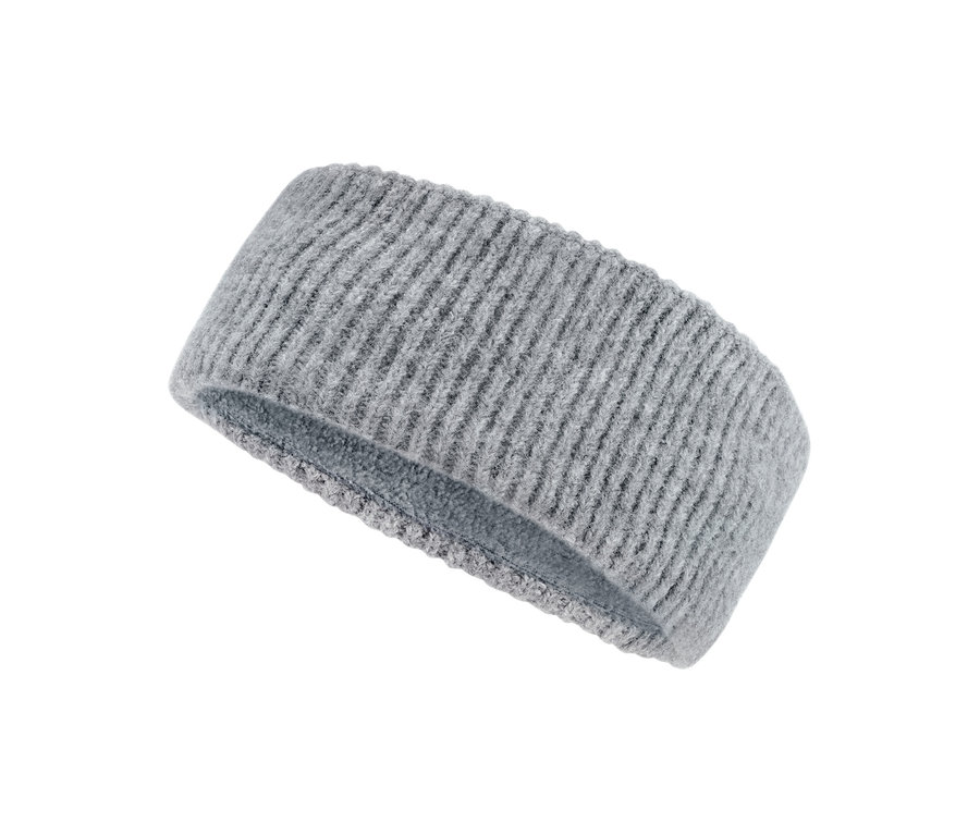 Szczegółowy widok szarej opaski z dzianiny.