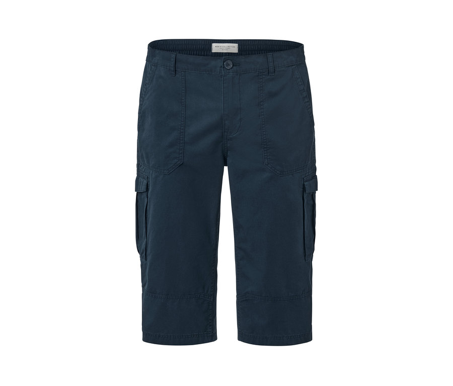 Granatowe bermudy bojówki o długości 3/4.