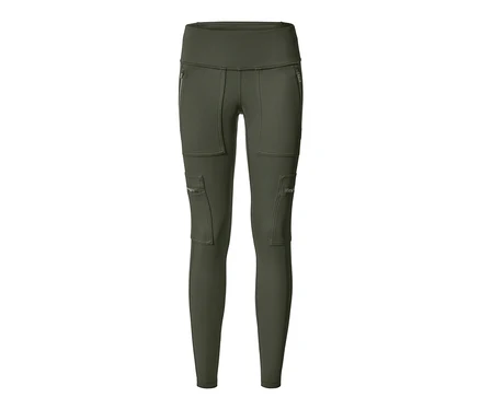 Zielone termoaktywne legginsy outdoorowe z kieszeniami na zamek.