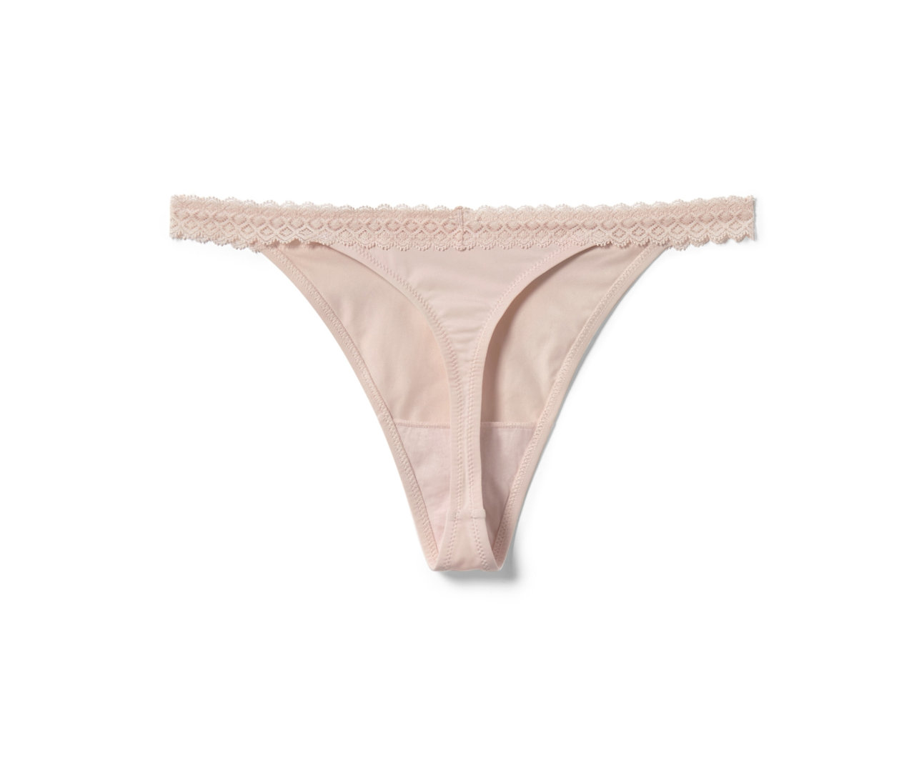 Zbliżenie beżowych stringów z koronką z zestawu Stringi, 5 par