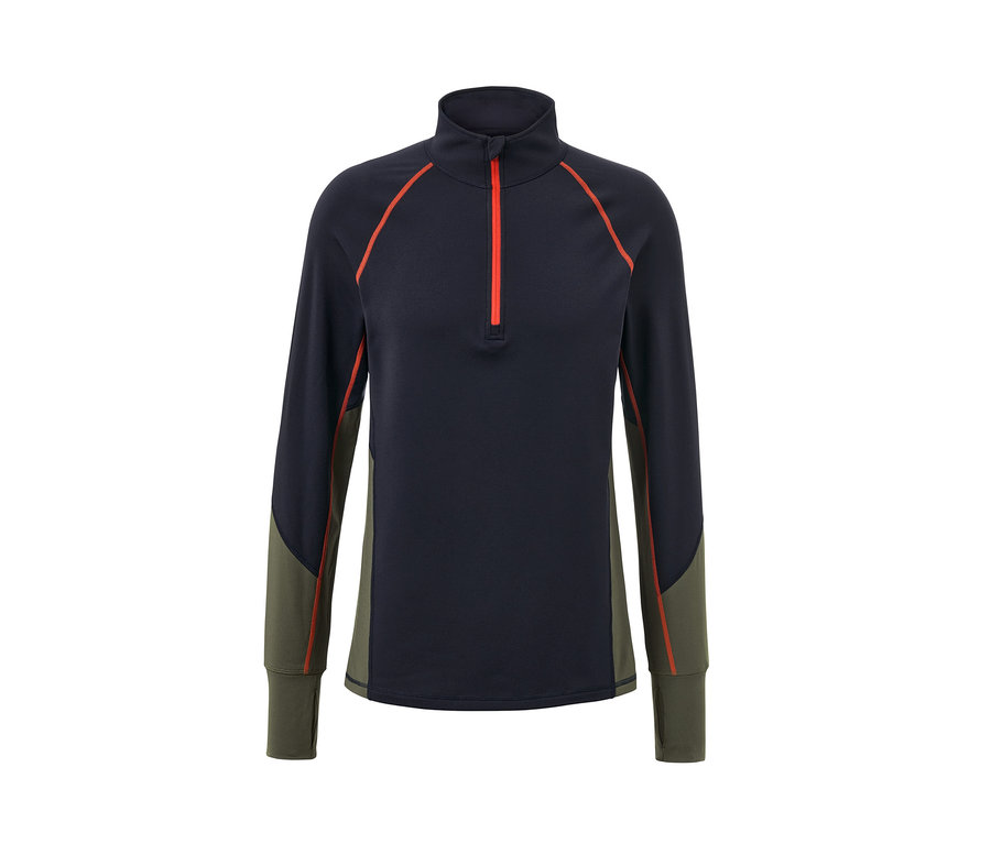Termoaktywna bluza funkcyjna w kolorze granatowo-zielonym z czerwonym zamkiem błyskawicznym.