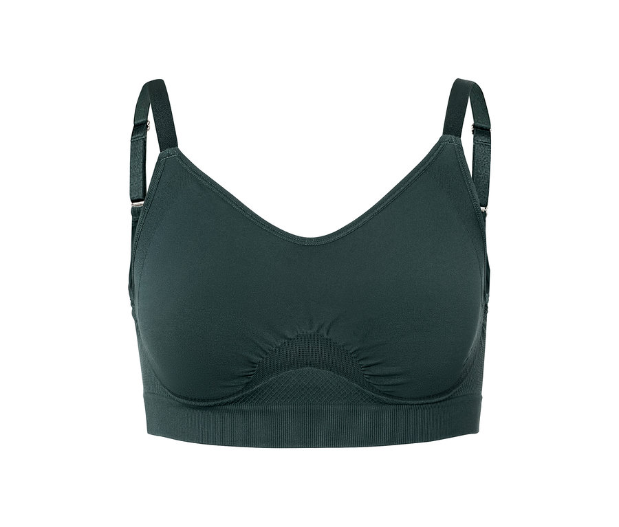Ciemnozielony bezszwowy biustonosz sportowy.