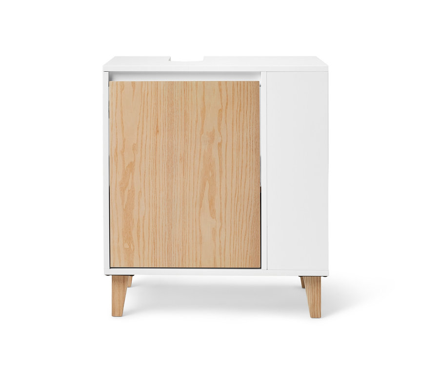 Szafka pod umywalkę z boczną przegródką. Drzwiczki są drewniane, reszta jest biała.