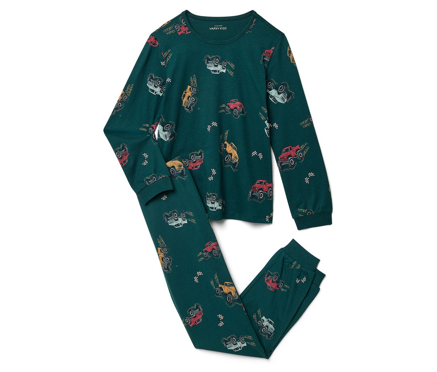 Zielona piżama z nadrukiem monster trucków.