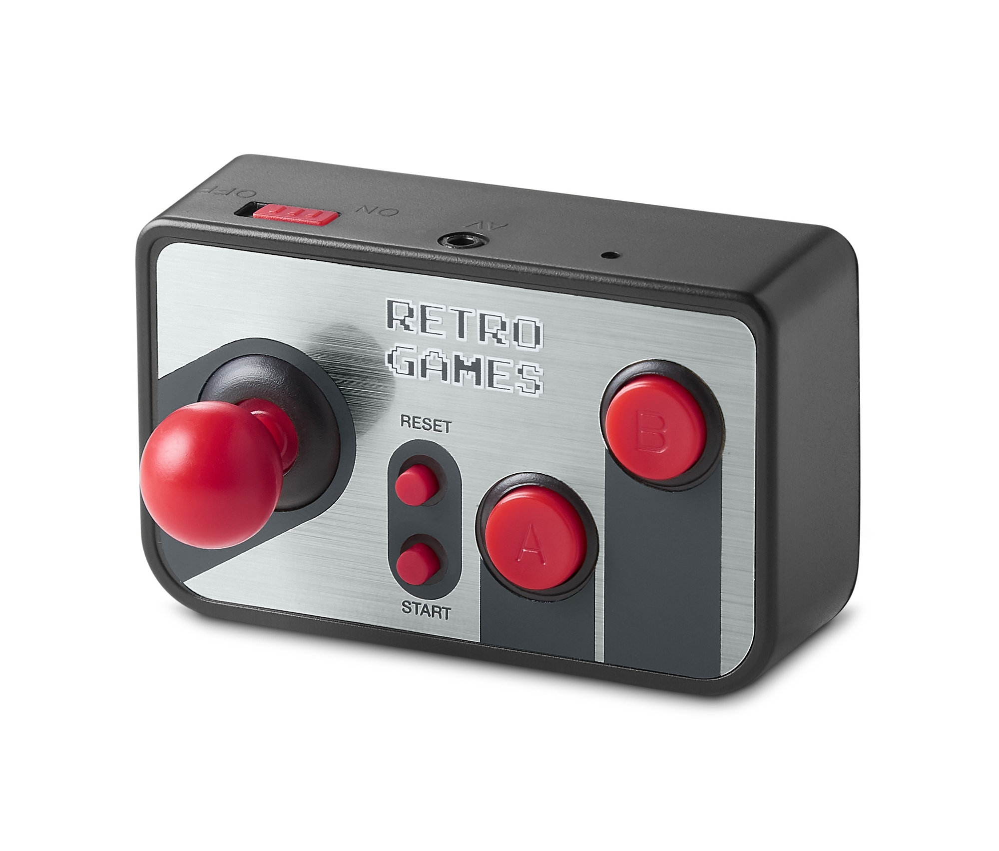 Zbliżenie na konsolę do gier TV w stylu retro z czerwonym joystickiem oraz przyciskami A i B.