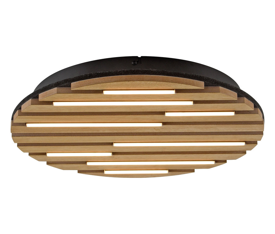 Owalna lampa sufitowa z poziomymi drewnianymi listwami i czarną krawędzią.