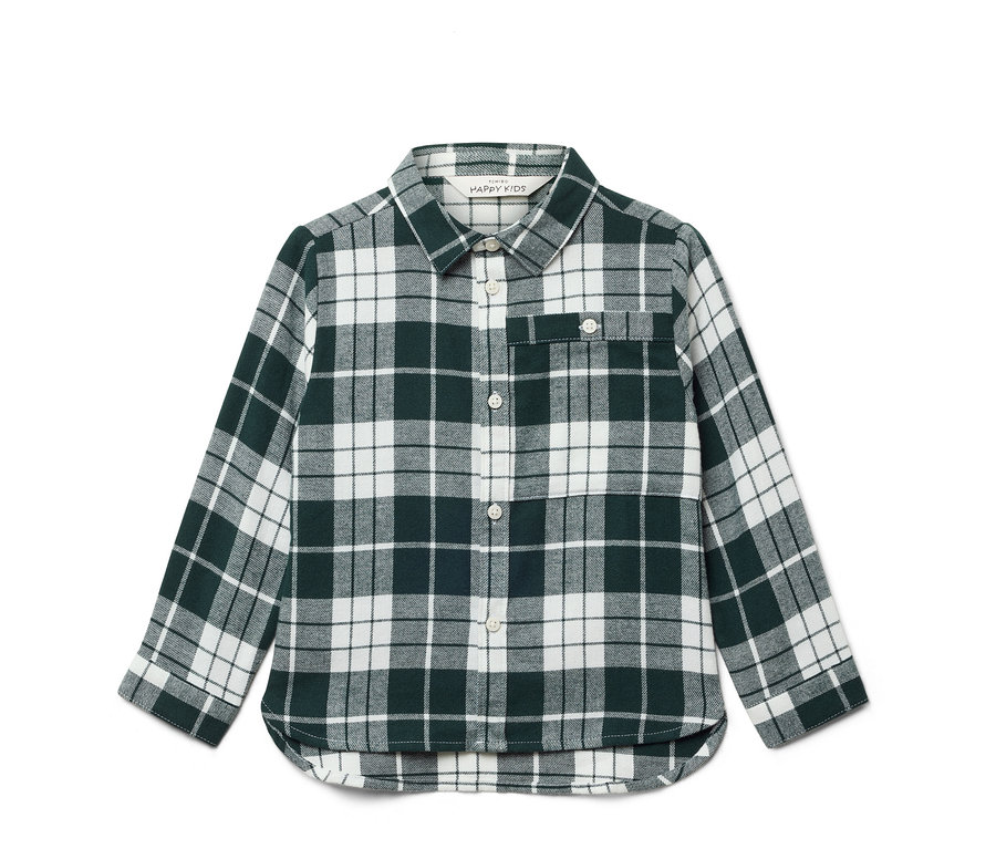 Zielono-biała koszula w kratę z długim rękawem.