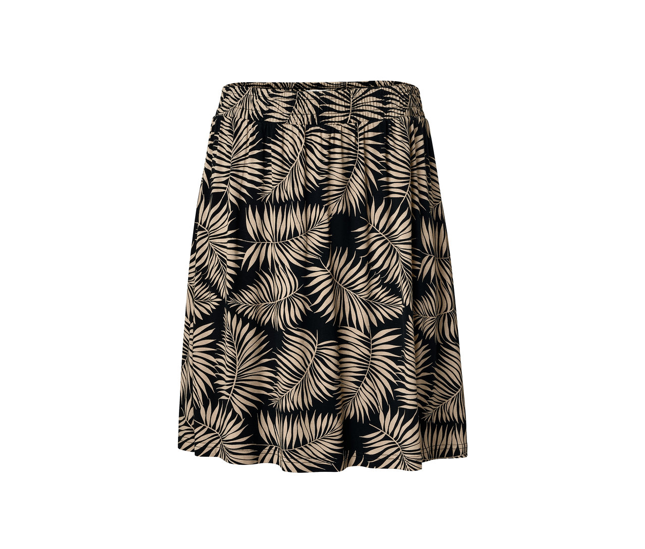 Czarna spódnica z dżerseju z nadrukiem w liście palmy.