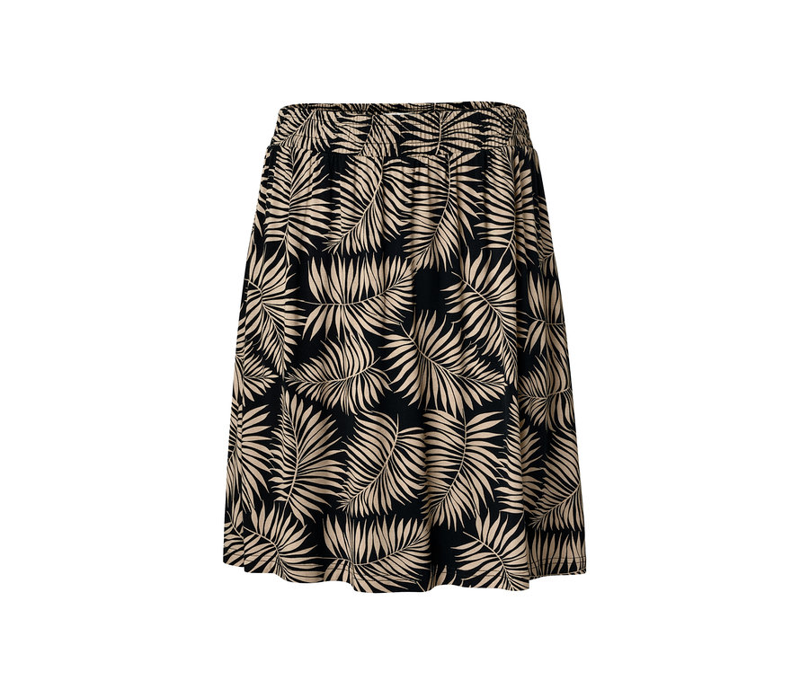 Czarna spódnica z dżerseju z nadrukiem w liście palmy.
