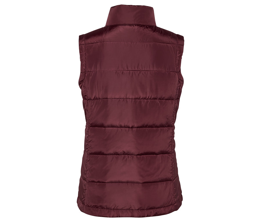 Burgundowa pikowana kamizelka ze stójką.