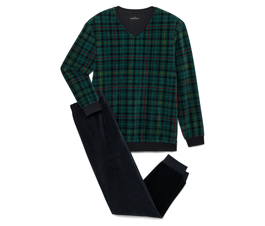 Zestaw piżamy: zielona koszula z długim rękawem w kratę i granatowe aksamitne spodnie.