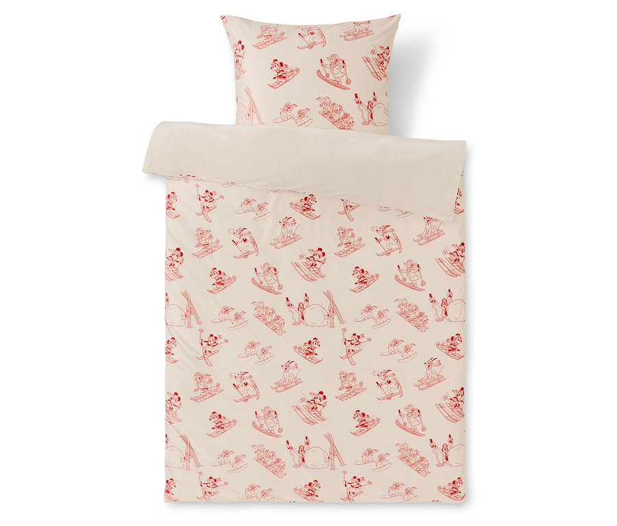 Pościel z czerwonym wzorem postaci na nartach na białym tle.