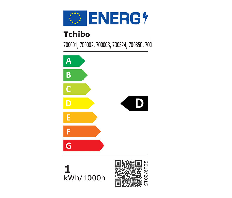 Etykieta energetyczna klasy D dla akumulatorowej lampy stołowej LED do użytku na zewnątrz, szałwiowa.