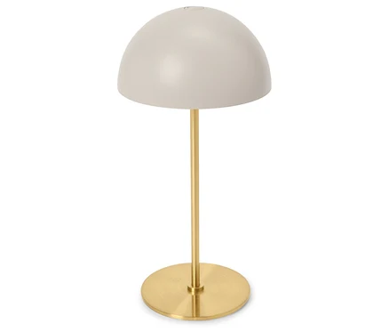 Lampa stojąca z jasnoszarym, okrągłym kloszem i złotą nóżką.