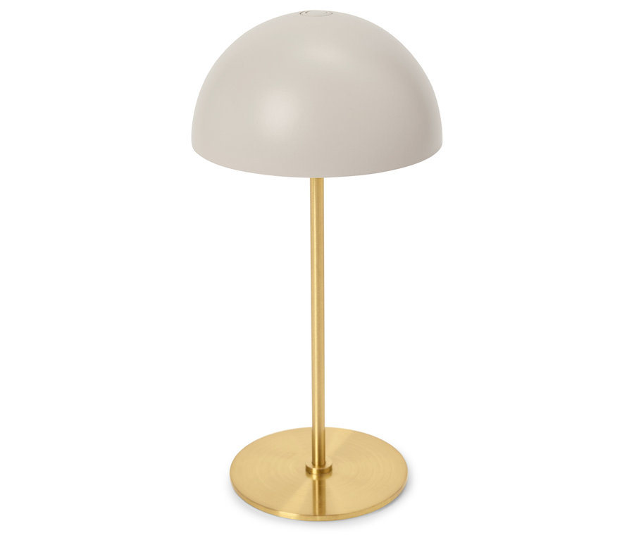 Lampa stojąca z jasnoszarym, okrągłym kloszem i złotą nóżką.