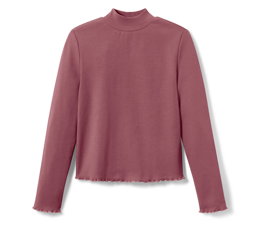 Burgundowa prążkowana bluzka z długim rękawem i golfem.