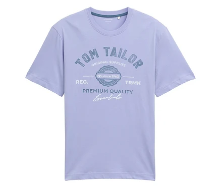Jasnoniebieska koszulka z nadrukiem "Tom Tailor Original Supplies" i napisem "Premium Quality Essentials".