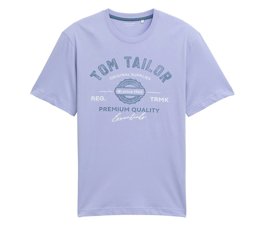 Jasnoniebieska koszulka z nadrukiem "Tom Tailor Original Supplies" i napisem "Premium Quality Essentials".