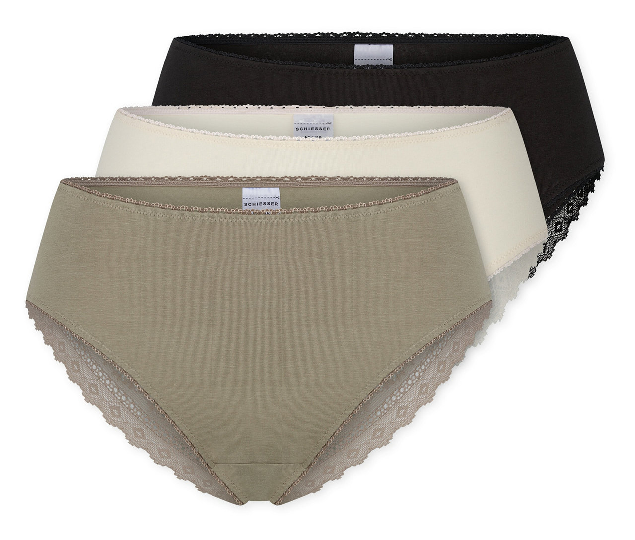 Trzy pary fig brazylijskich SCHIESSER w kolorach czarnym, kremowym i khaki, z koronkowym wykończeniem.