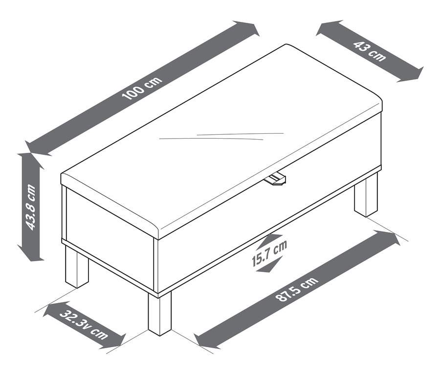 Na ilustracji przedstawiono ławkę ze schowkiem „Leira” z tapicerowaną pokrywą wraz z wymiarami.