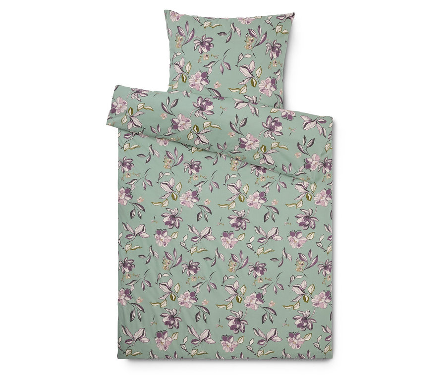 Zestaw pościeli z kwiatowym wzorem na miętowym tle, zawierający poszewkę na poduszkę.