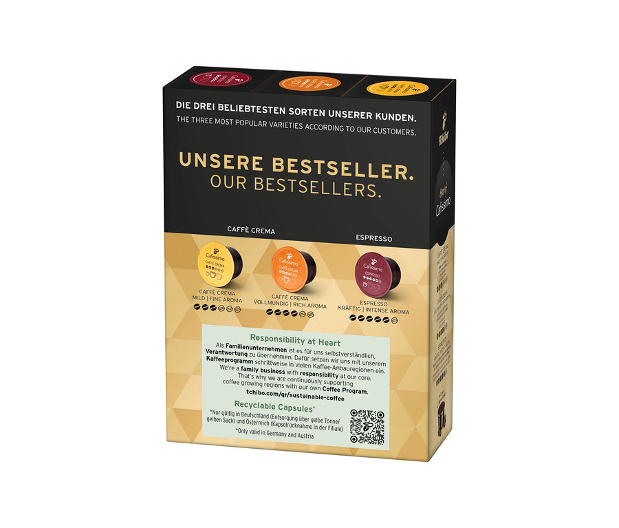 Opakowanie Cafissimo Best of Cafissimo 30 kapsułek z trzema smakami: Caffè Crema Mild Fine Aroma, Caffè Crema Vollmundig Rich Aroma i Espresso Kräftig Intense Aroma.