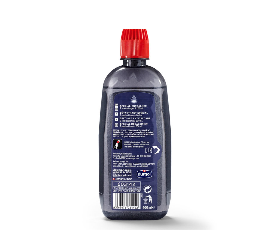 Butelka specjalistycznego odkamieniacza durgol® o pojemności 400 ml z czerwoną zakrętką.
