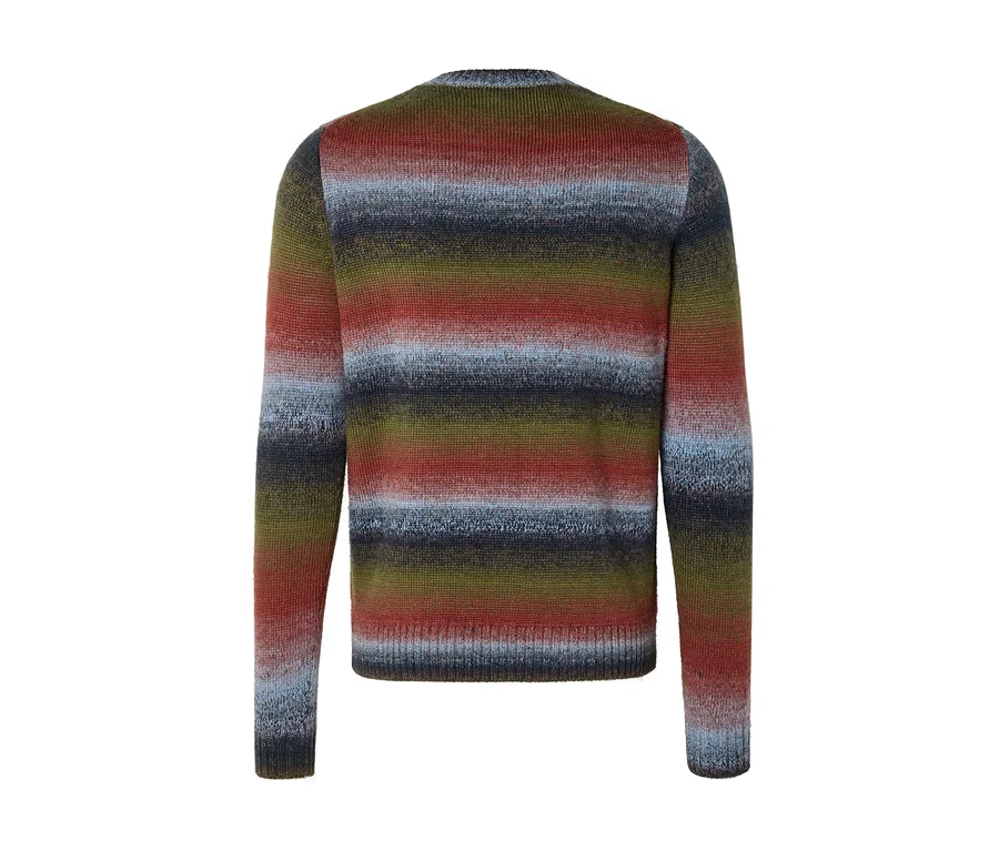 Sweter w paski w kolorach czerwonym, oliwkowym, granatowym i jasnoniebieskim, widok z tyłu.