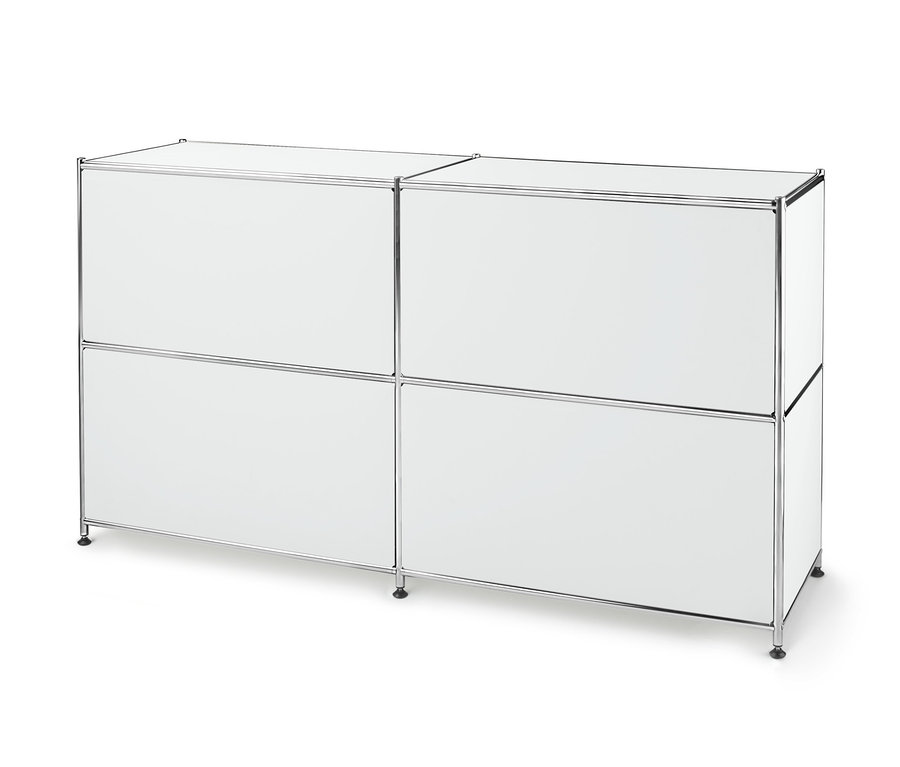 Biała metalowa szafka typu sideboard z 2 przestawnymi klapami.