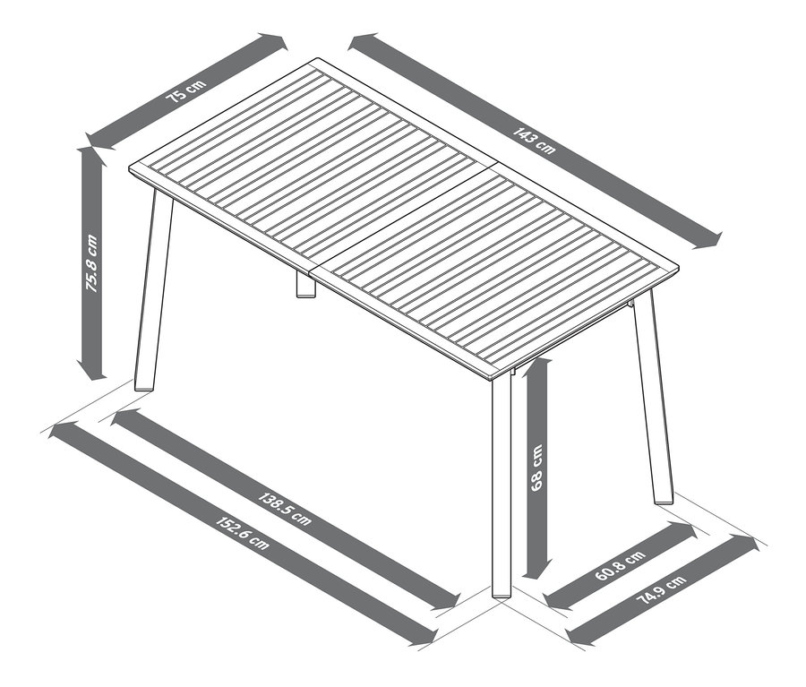 Ilustracja rozsuwanego stołu ogrodowego o wymiarach ok. 143/203 cm wraz z podanymi wymiarami.