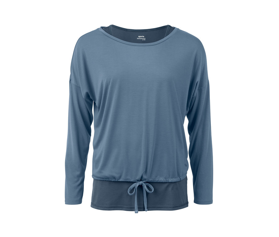 Niebieska koszulka sportowa 2 w 1 z długim rękawem i sznurkiem w pasie.