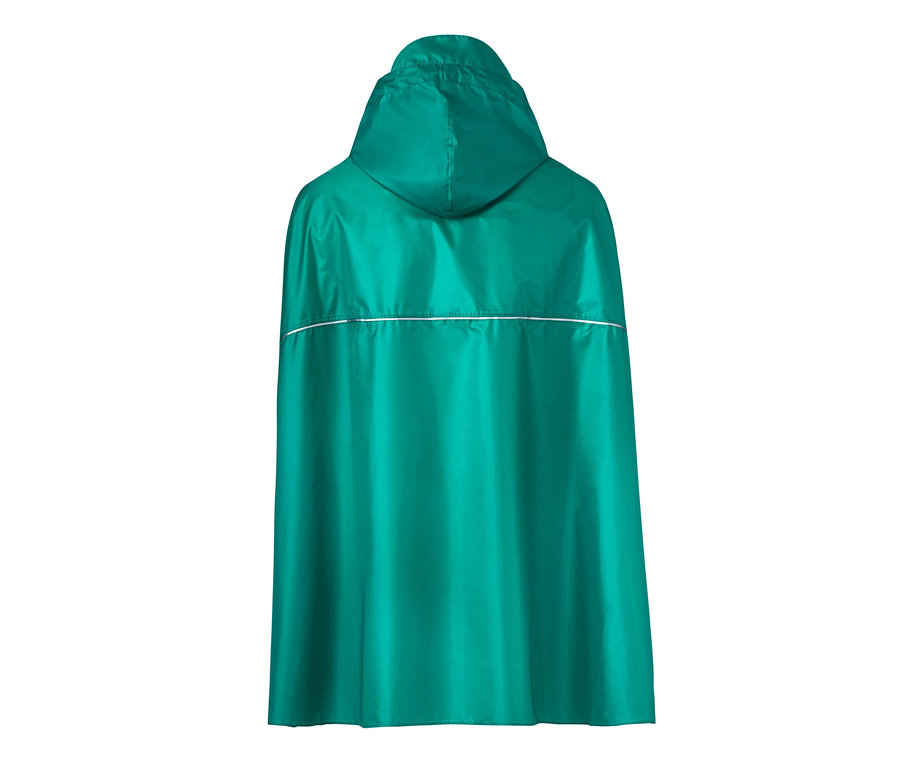 Zielone ponczo przeciwdeszczowe unisex z kapturem, widok z tyłu.