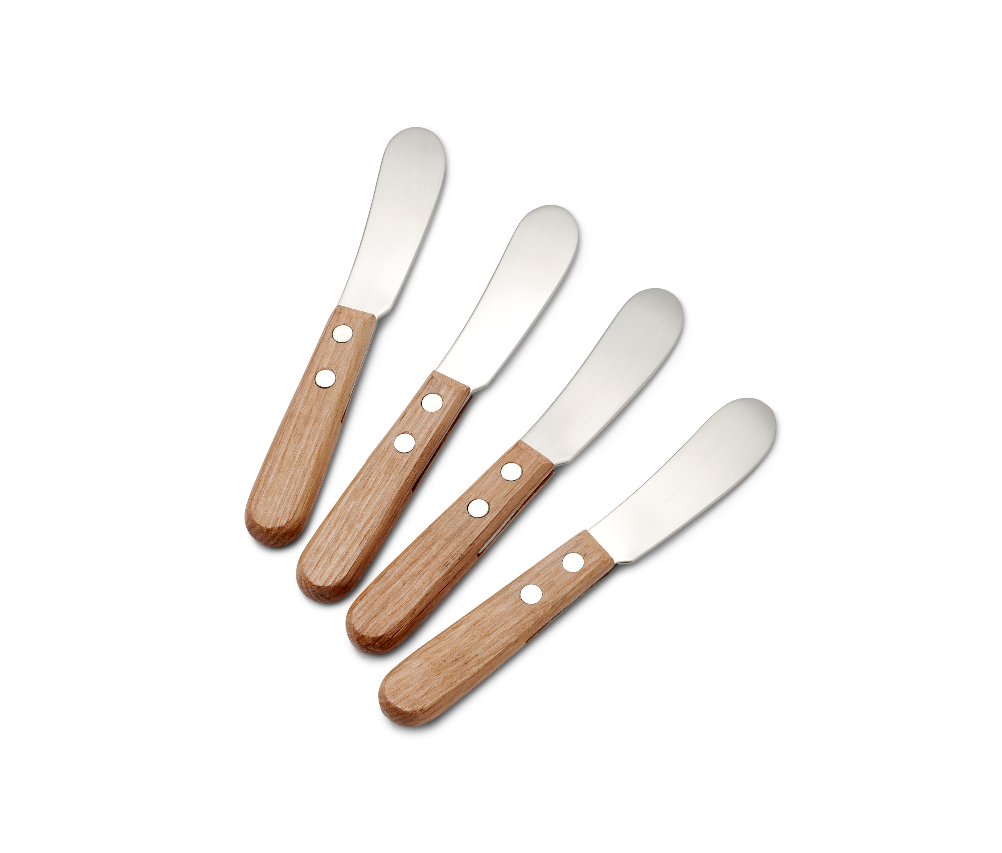 Cztery noże do masła z drewnianymi uchwytami.